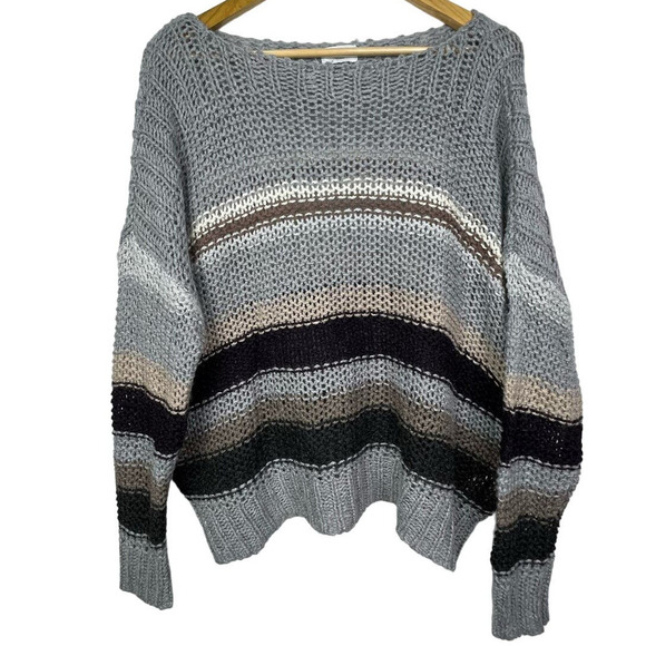 Old Navy Striped Knit Wool Blend Boxy Oversized Cropped Grey Sweater Large - Picture 1 of 7